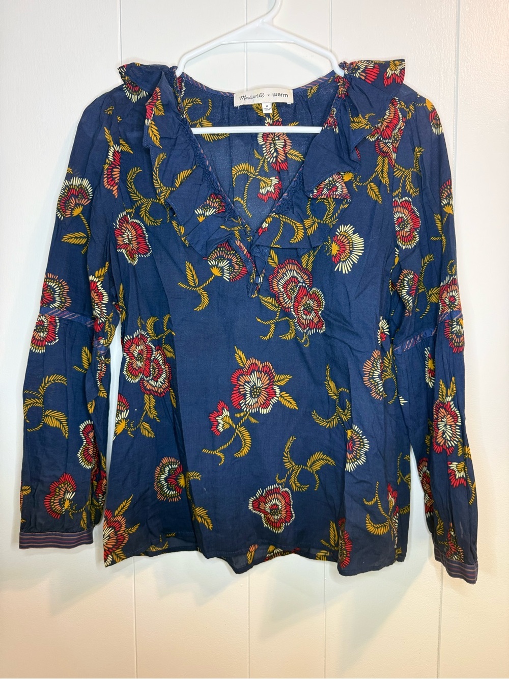 Madewell Woman’s Medium Navy Floral Ruffle-Trim Peasant Blouse 100% Cotton, Boho